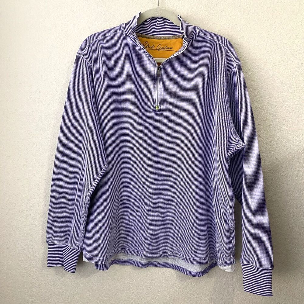 Robert Graham Sweater Mens Large 1/4 Zip Stripes Pullover Purple Cotton FLAWED
